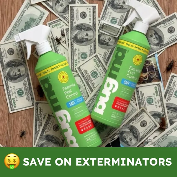 Two bottles of BugMD spray on a bed of cash, labeled "Save on Exterminators"