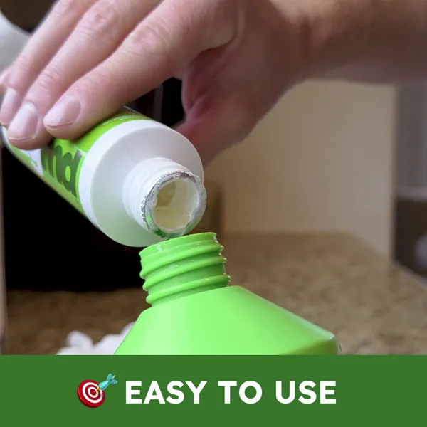 A hand pouring BugMD concentrate into a spray bottle, labeled "Easy to Use"